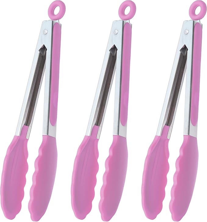 HINMAY Serving Tongs with Silicone Tips 9 Inches Stainless Steel Food Tongs, Set of 3 (Pink)