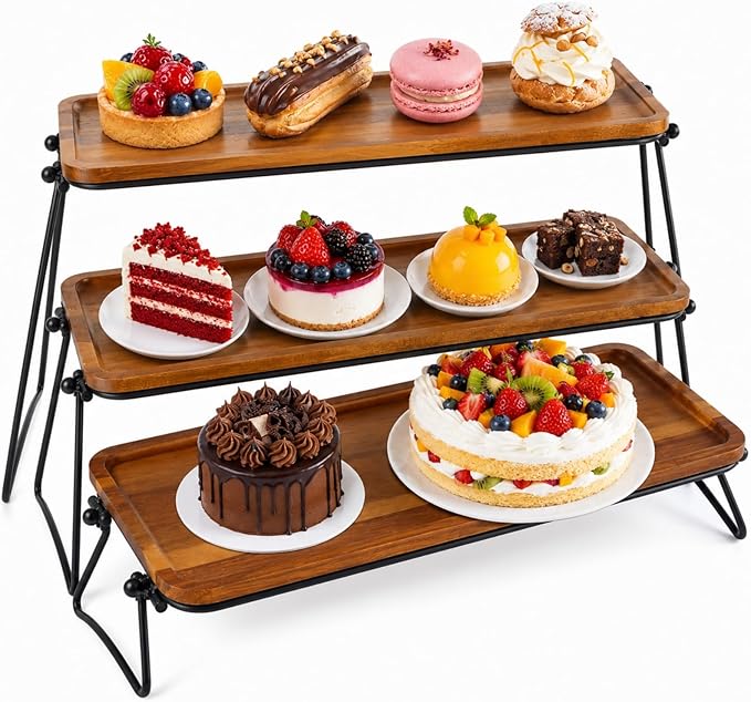 RHBLME Tiered Tray Stand, Acacia Wood Dessert Table Display Set, 3 Tier Cupcake Stand and Towers Serving Tray for Party, Decorative Tiered Tray Rustic Wood Serving Platters and Trays