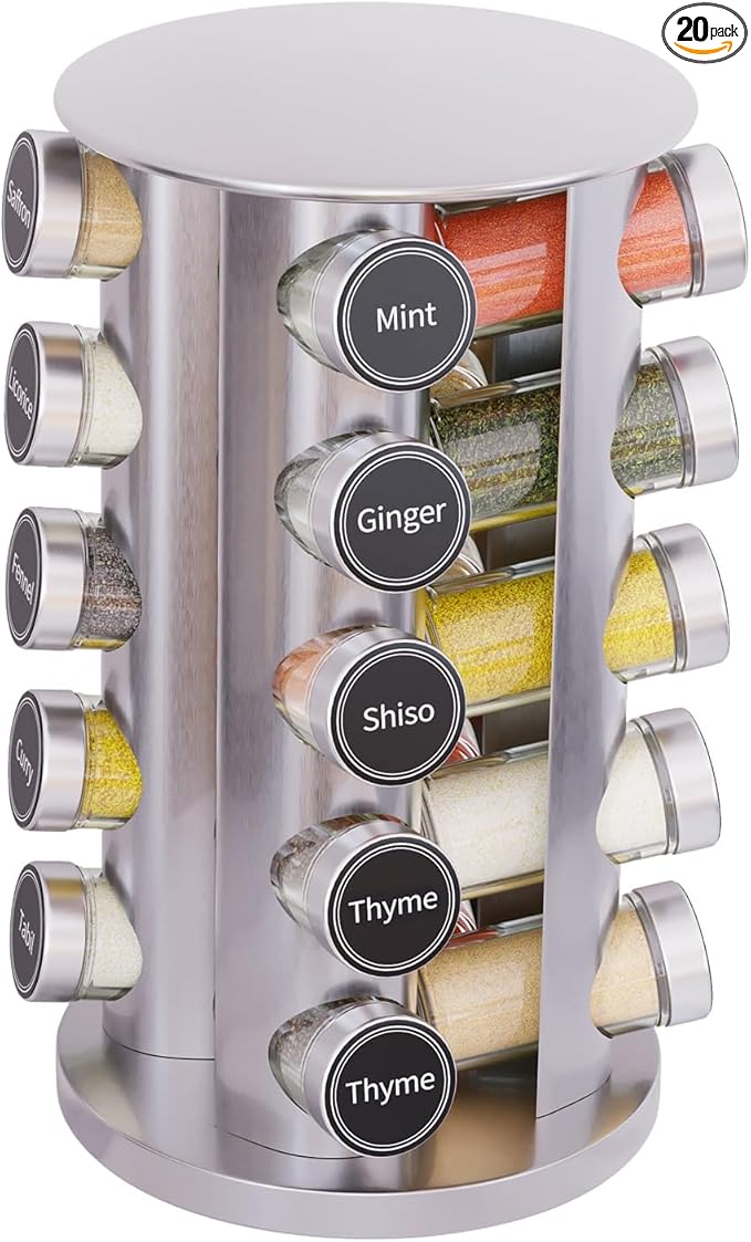 New England Stories Revolving Spice Rack Set with 20 Spice Jars, Kitchen Spice Tower Organizer for Countertop or Cabinet - Carousel Storage Includes 386 Spice Labels (Silver)