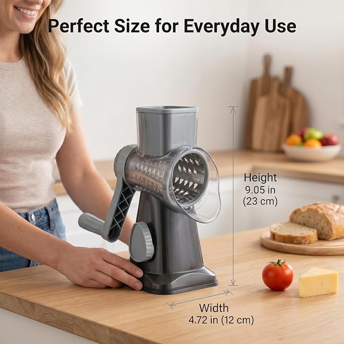 Rotary Cheese Grater Hand Crank, Cheese Shredder Stainless Steel with 3 Interchangeable Blades, Manual Food Grater and Shredder, Potato Shredder, Vegetable Cutter, Countertop Suction Base
