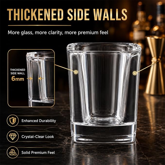Ruckae 12 Pack 2oz Shot Glasses Set with Trays Heavy Base Clear Square Shot Glasses Bulk for Vodka Tequila Whiskey Liquor