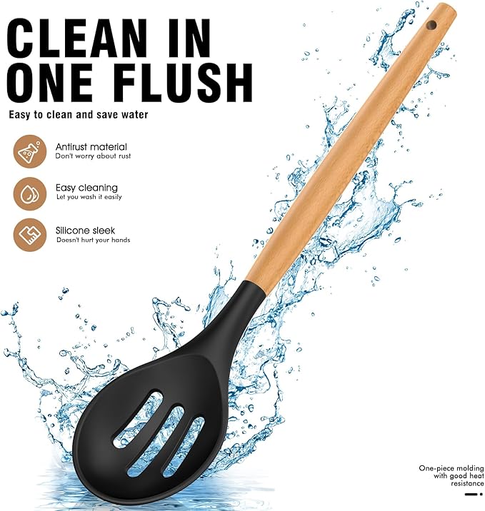 Silicone Cooking Utensils Set - AVGPD Silicone Kitchen Utensils for Cooking Wooden Handles, 446°F Heat Resistant Kitchen Utensil Spatula Sets, Gadgets for Non-Stick Cookware BPA FREE (Black)
