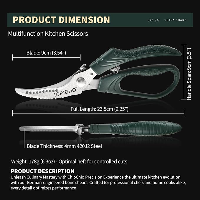 Poultry Shears, Heavy Duty Kitchen Shears | Non-Slip Handle & Safety Lock, All Purpose for Chicken, Meat, Turkey, Fish, Vegetables, Spring Loaded, Dishwasher Safe