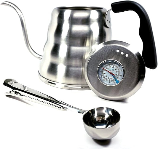 Pour Over Coffee Kettle with Thermometer 1.2L - Gooseneck Hand Grip - Premium Stainless Steel - Bonus Coffee Scoop