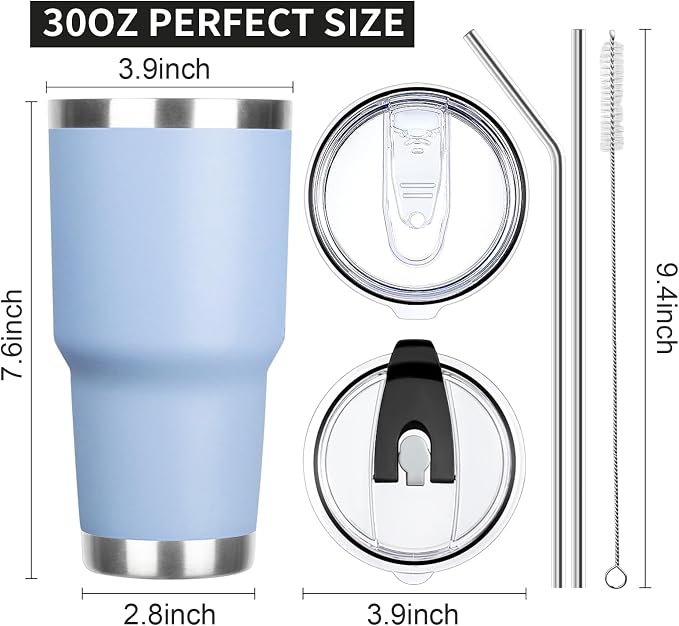 30 oz Tumbler with Lids and Straws Double Wall Vacuum Insulated Tumbler Cup,Stainless Steel Leak-proof Thermal Tumbler Travel Coffee Mug for Cold and Hot Drinks,Baby Blue