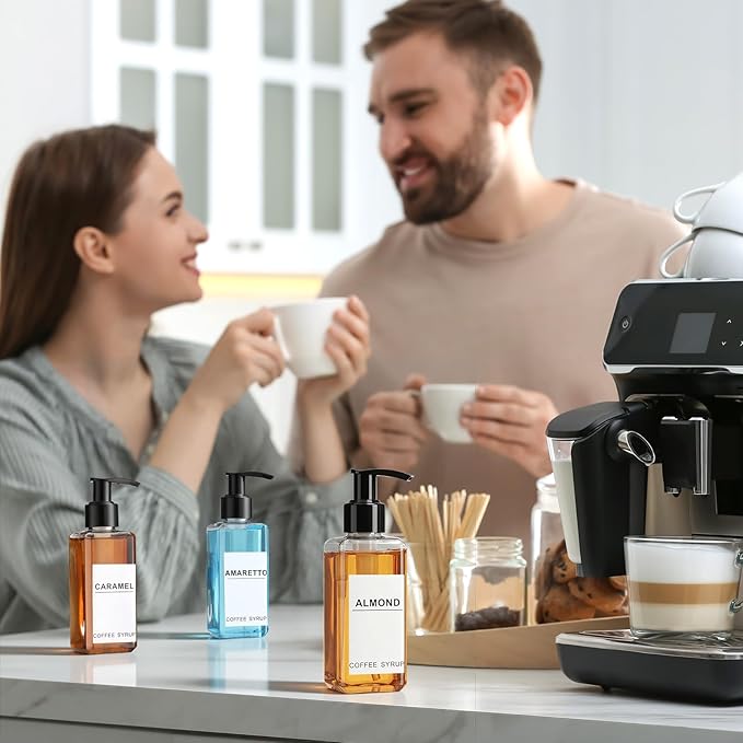 Nuogo 6 Pcs Coffee Syrup Dispenser Bottles Set 750ml, 500ml, 300ml, 150ml PET Black Syrup Bottles with Pump Dispenser 27 Labels for Coffee Bar Kitchen Accessories Portable Travel(5 oz,Square)