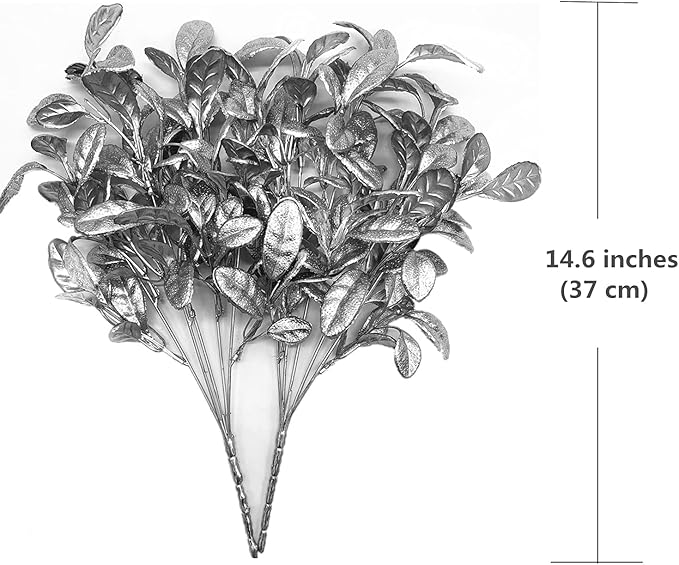 CATTREE Artificial Silver Leaves Christmas Plants 4 Pack, Plastic Leaf Bouquet Faux Gold Plant Fake Shrubs Simulation Bushes for Wedding Hall Table Centerpieces Floral Arrangement Filler DIY Décor