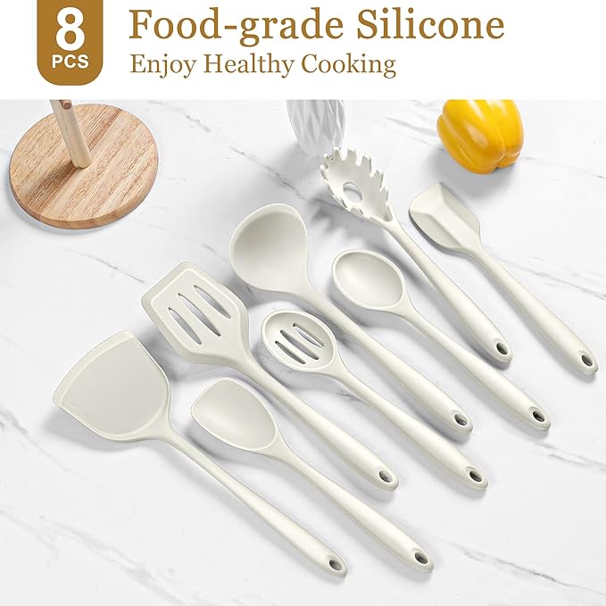 LIANYU 8Pcs Kitchen Cooking Utensils Set, Silicone Utensil Sets, Heat Resistant Kitchen Gadgets Essentials for Nonstick Cookware with Spatula, Spoon, Tuner, Ladle, Dishwasher Safe, White