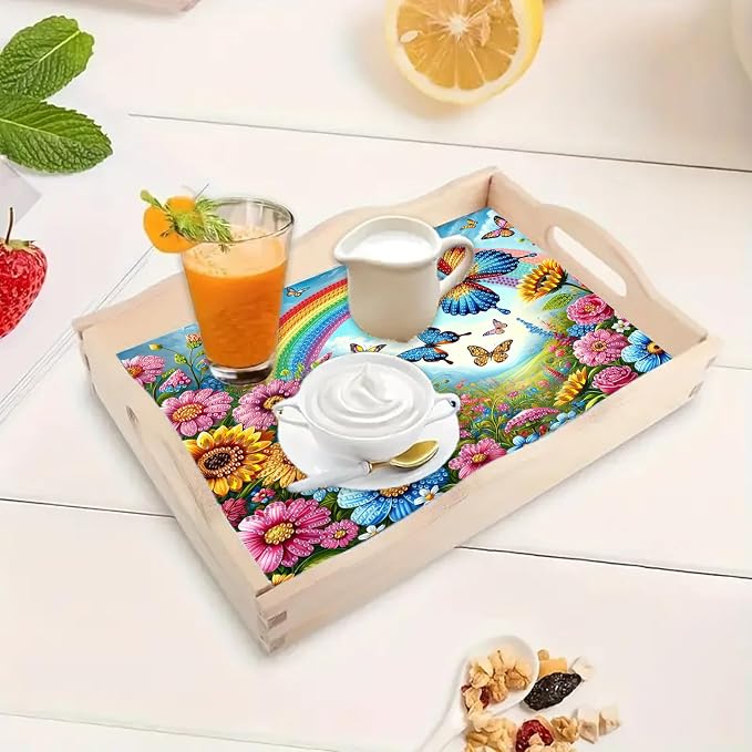BAYUNOE DIY Diamond Serving Tray Rectangular Breakfast Tray with Handle Handmade Diamond Art Painting Wooden Tray Spring Creative Dinner Plate Coffee Room Living Home Organizer-Rainbow Butterfly Bush