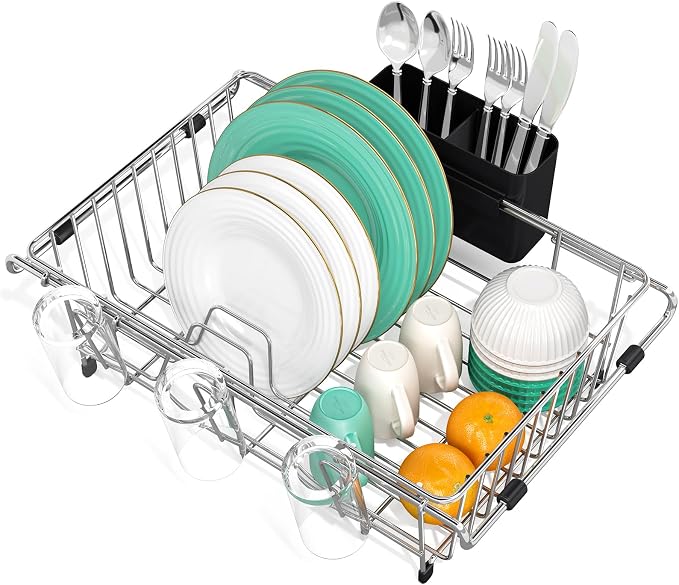 Urackify Dish Drying Rack in Sink, 304 Stainless Steel Expandable (15.35"-23.23"L) Over the Sink Dish Rack with Utensil Holder for Compact Kitchen, Space - Saving Dish Drainer for Inside Sink, Silver