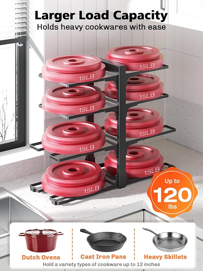 MUDEELA 8-Tier Pots and Pans Organizer under Cabinet, 15.83" Height Heavy Duty Pot Pan Organizer Kitchen Cabinet Organization and Storage, Adjustable Pot Rack for Frying Pan, Cast Iron Skillet, Black