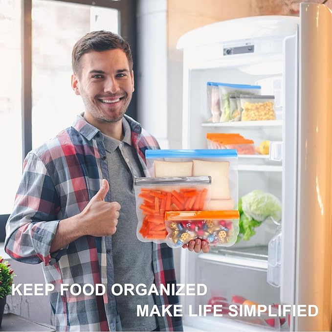 Lerine Reusable Freezer Bags, 2 Pack Dishwasher Safe Pizza Storage Container, Leakproof BPA-Free Food Storage Bags for Leftover Pizza, Fruit, and Meal Prep
