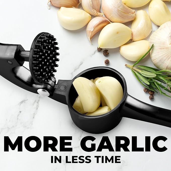 Zulay Kitchen Large Premium Garlic Press Set - Bigger Bowl for Bigger Garlic - Rust Proof Garlic Mincer Tool - Easy-Squeeze, Easy-Clean Silicone Garlic Peeler & Brush (Black)