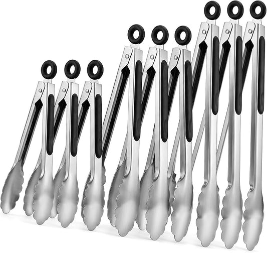 9 Pieces Stainless Steel Tongs, Kitchen Food Tongs 7 9 12 Inch | Heavy Duty Locking Tongs, Heat-Resistant Non-Slip Durable Metal Tongs for BBQ Cooking Grilling Outdoor Serving