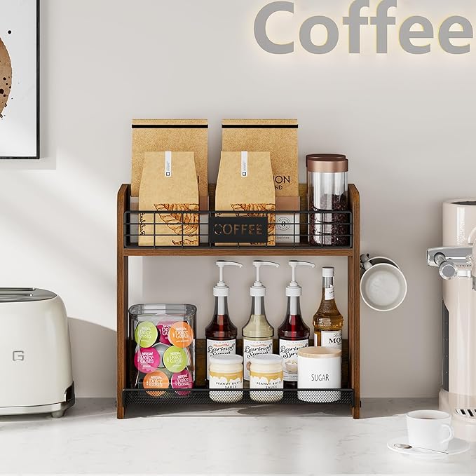 YINMIT K Cup Pod Holder, K Cup Organizer with 2 Mug Hooks, 2 Tier Keurig Coffee Pod Holder, Wood Coffee Bar Station Organizer for Countertop, Home, Office, Kitchen, Retro