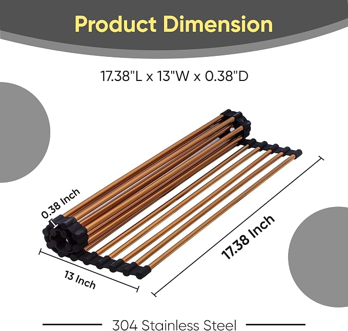 Strictly Sinks Stainless Steel Roll Up Dish Drying Rack – Copper 17 Inch Over The Sink Drying Rack Ideal for Workstation Sinks Only – Multipurpose Foldable Kitchen Dish Rack (17-3/8″ x 13″ x 3/8″)