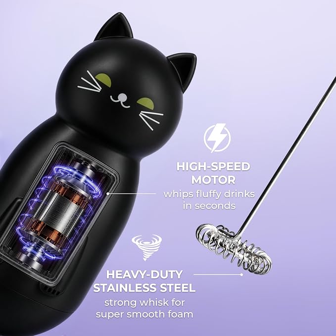Zulay Kitchen Cat Milk Frother Wand – Cutesy Frother, Meet Your New Frothing Buddy Midnight The Cat, Adoption Papers and Stickers Included, Purrr-fect for Lattes, Cappuccino & Matcha – Black