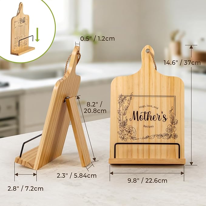 PUERSI Cookbook Stand, Kitchen Gifts for Mom, Wooden Recipe Book Holder, Happy Mothers Day Gifts, Adjustable Cook Book Stand for Kitchen Counter