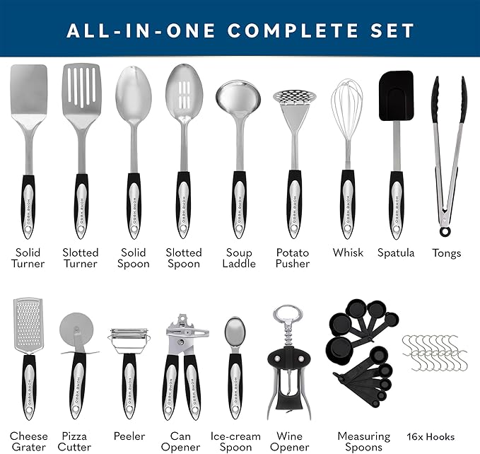 Home Hero Stainless Steel Kitchen Utensils Set - Heat-Resistant Silicone & Nonstick Tools - Durable Stainless Steel Kitchen Gadgets - Complete Kit Measuring Cups & Spoons - 41-Piece Set