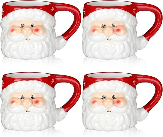 Sliner 4 Pcs Christmas Santa Coffee Mugs 11 oz Vintage Santa Claus Heads Ceramic Mug Christmas Themed Design Cup Set for Coffee Tea Hot Chocolate Xmas Holiday Gifts (Red)