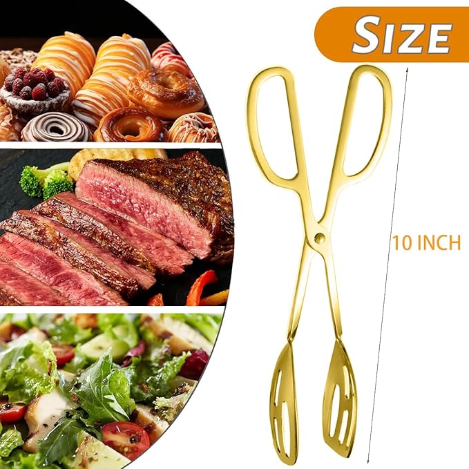 2 Pack Gold Serving Tongs Buffet for Kitchen Cooking 10 Inch Stainless Steel Salad Tongs Serving Utensils for Wedding Party Catering (Gold)
