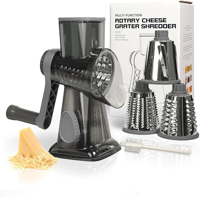 Cheese Grater Hand Crank, Stainless Steel Cheese Shredder with Strong Suction Base, Rotary Grater for Carrots, Potatoes, Vegetables and Fruits, Easy to Clean