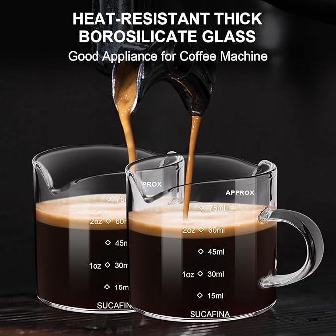 PARACITY Espresso Cup with Handle set of 2, Double Spout Glass Measuring Cup with Dual Scale, Espresso Shot Glass with V-Shaped Mouth, Clear Glass Milk Frothing Pitcher, Espresso Accessories
