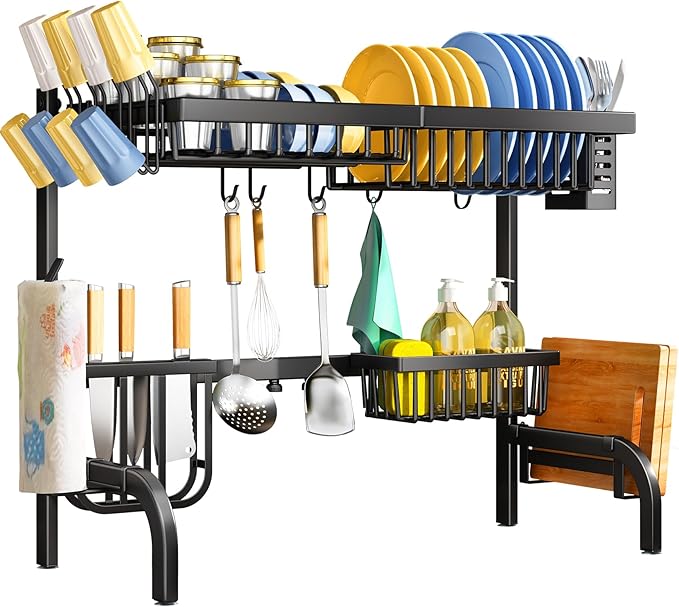 SAYZH Over the Sink Dish Drying Rack, Adjustable (25.5 to 33.5 inch) 2 Tier Metal Steel Dish Drying Racks for Kitchen Counter with Hooks Paper Towel Utensil Cup Holder Sink Caddy (Black)