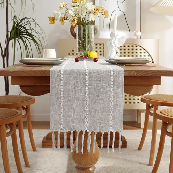 Wracra Rustic Linen Table Runner Farmhouse Style Table Runners 108 inches Long Embroidered Table Runner with Hand-Tassels for Party, Dresser Decor and Dining Room Decorations (Light Grey, 13"×108")