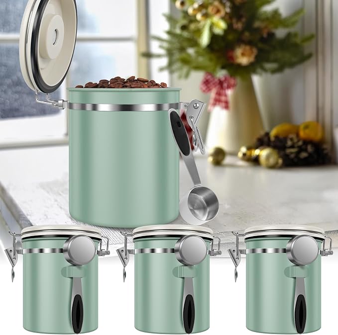 3PCS Coffee Storage Canister,1.5L 51OZ Double Airtight Coffee Beans Container with Date Locator,304 Stainless Steel Kitchen Food Storage Container with Spoon,for Coffee Beans Grounds Tea Sugar