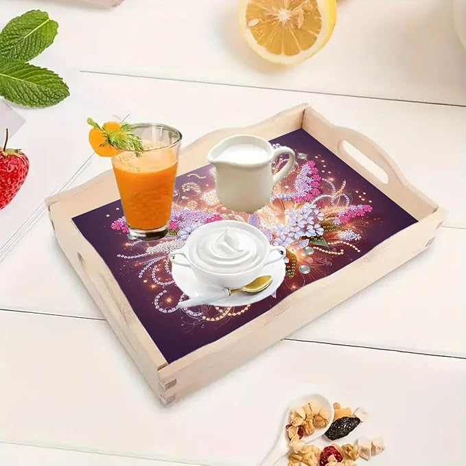 BAYUNOE DIY Diamond Serving Tray Rectangular Breakfast Tray with Handle Handmade Diamond Art Painting Wooden Tray Spring Creative Dinner Plate Coffee Room Living Home Organizer-Glowing Cross