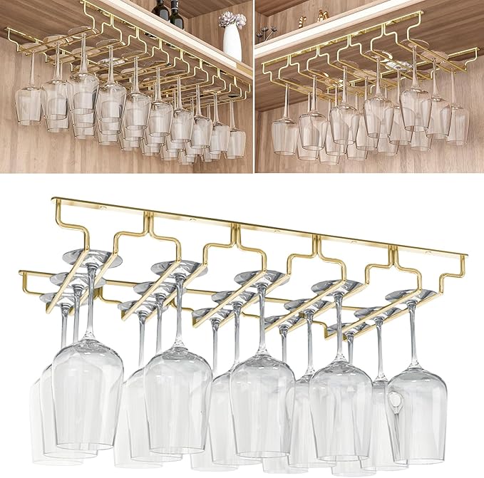 SAGIDAR Stainless Steel Hanging Wine Glass Rack, Under Cabinet, Gold, Width 18/22.5/28cm, Space Saving, Kitchen Cabinet Storage, Dining Room Display, Bar Use