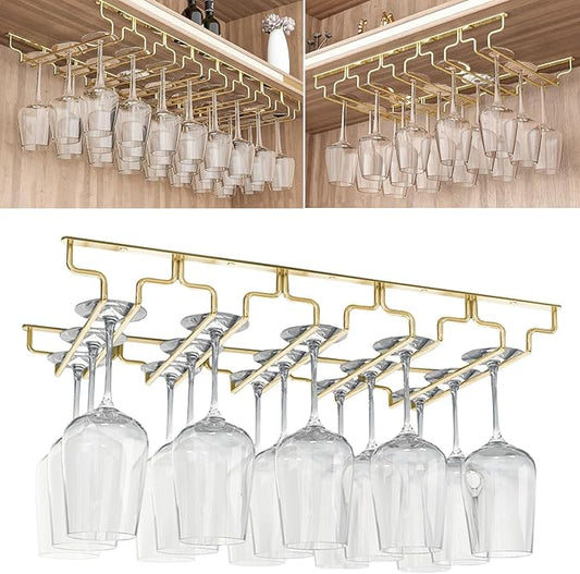 SAGIDAR Hanging Wine Glasses Metal Rack, Wine Glass Rack Under Cabinet, Stainless Steel Stemware Rack, Width 18/22.5/28cm, Sturdy and Durable, Long Stem Glass Holders