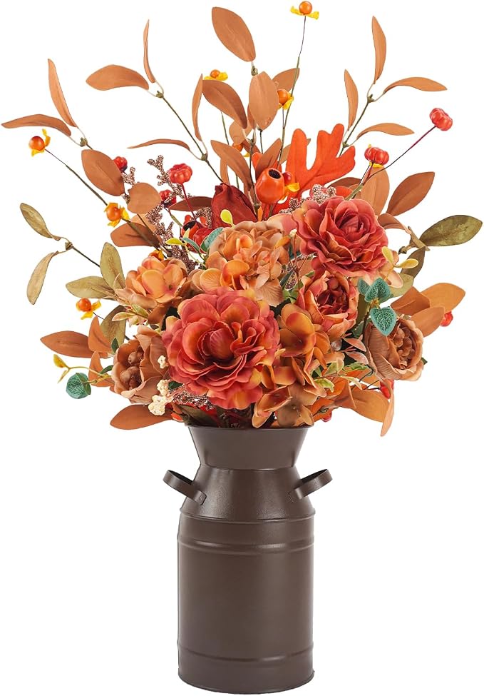 Krissing Artificial Fall Flowers with Metal Pot Faux Autumn Hydrangea Silk Flowers Bouquets with Fall Floral Stems Fall Flowers Arrangements for Table Centerpieces Vase Mantle Home Fall Decor