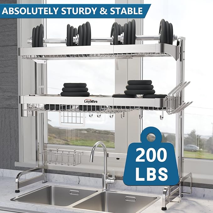 Loyalfire Over Sink Dish Drying Rack, 3 Tier Adjustable Length (20.87'' to 37.6'') Full Stainless Steel Large Storage Kitchen Dish Rack, Expandable Drainer Shelf Rack with Multifunctional Organizers