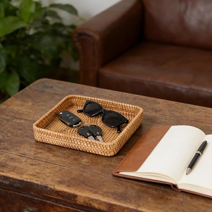 Rattan Serving Tray, Square Woven Storage Basket, Wicker Baskets for Organizing, Natural Wicker Decorative Serving Baskets for Organizing Tabletop Bathroom Kitchen Counter Square