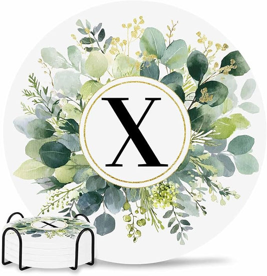 Coasters Set of 4 Letter X Drink Coasters with Holder Absorbent Stone Ceramic Cup Mat Alphabet Green Eucalyptus Leaves Coaster for Drinks Coffee Bar Office Kitchen Cafe Home Decor