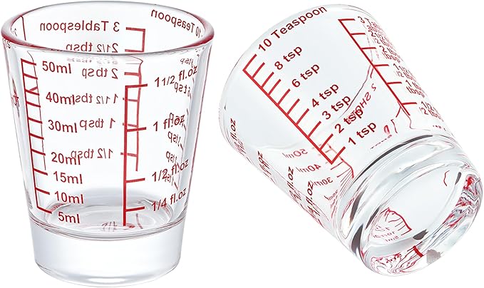 Ackers Mini Measure Heavy Glass, 32-Incremental Measurements Multi-Purpose Liquid and Dry Measuring Shot Glass, Red(Pack of 2)