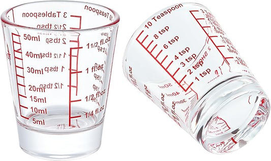 Ackers Mini Measure Heavy Glass, 32-Incremental Measurements Multi-Purpose Liquid and Dry Measuring Shot Glass, Red(Pack of 2)