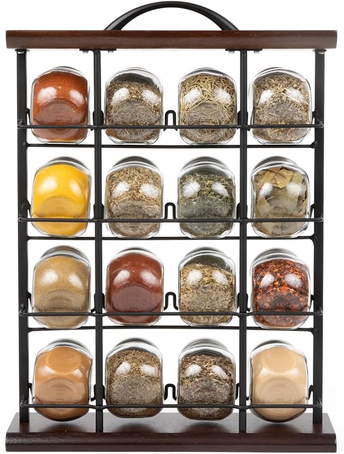Orii 16 Jar Acacia Wood Vertical Spice Rack with Spices Included & 5-Year Spice Refill Program – Space-Saving Countertop Spice Rack with Glass Jars