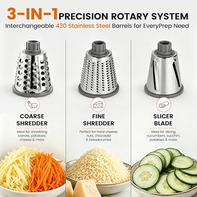 HANSGO Rotary Cheese Grater Hand Crank, Shredder Slicer Grinder, 3 Large Diameter Metal Blades & Cleaning Brush, Non-slip Suction Base, Labor-Saving Handle, Kitchen Gadgets for Cheese, Vegetable, Nuts