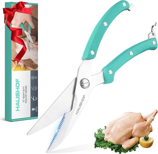 HAUSHOF Kitchen Shears for Food, Heavy Duty Poultry Shears, Stainless Steel Sharp Kitchen Scissors with Serrated Blade, One-Piece Handle, Spring, Safety Lock, 10" Food Scissors for Bones, Meat, Fish