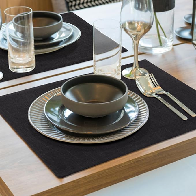 homing Faux Cotton Linen Placemats Set of 8, Cloth Washable Farmhouse Dining Table Mats for Indoors & Outdoors, Easy to Clean, Black, 13 x 19 Inch