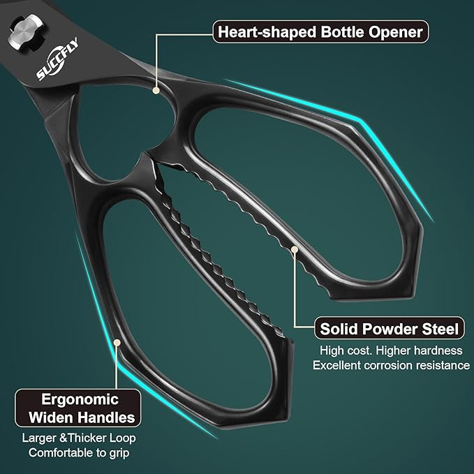 SUCCFLY Kitchen Scissors for Food，Premium Kitchen Shears Heavy Duty，8.8″Ultra Sharp Meat Scissors Detachable Blade，All Steel Poultry Shears Black Titanium Plated，Anti-Slip Cooking Scissor All Purpose
