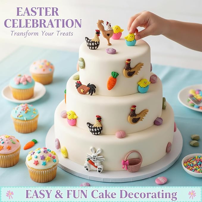Easter Silicone Fondant Molds Set of 5, Bunny Chick Egg Rooster Basket Chocolate Molds for Cake Decorating Cupcake Topper Candy Gummy