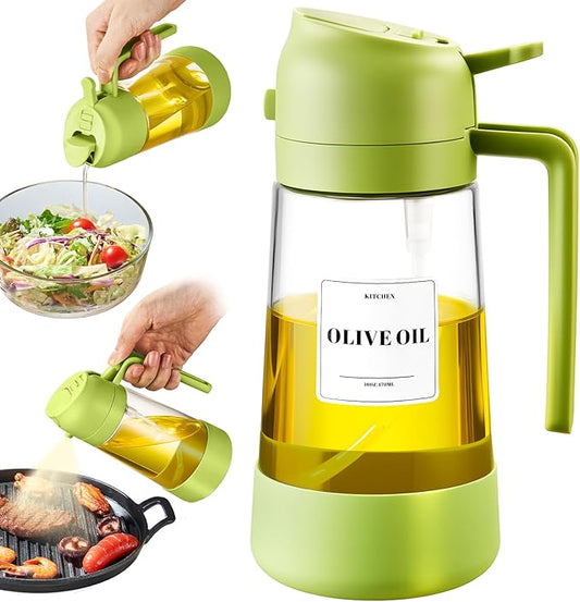 PARACITY Oil Dipenser Bottle with Silicone Bottom, 2 in 1 Olive Oil Sprayer and Dispenser, Oil Spray Bottle 500ML/ 17OZ for Cooking, Kitchen, BBQ, Air Fryer, Salad, Baking(1PC Green)