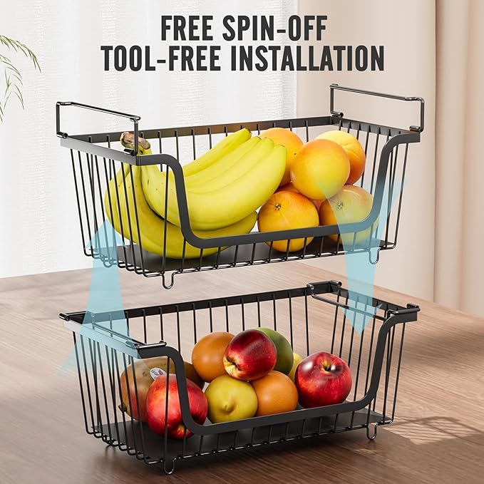 GAOKASE 4 Pcs Stackable Wire Baskets for Pantry Organizers and Storage,Vegetable Fruit Basket for Countertop,Kitchen Storage Metal Baskets,Produce Potato Onion Storage Bin,Black