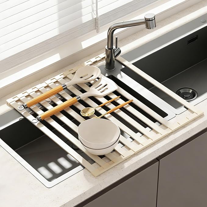 Foldable Over Sink Dish Drying Rack, Extra Wide & Thick Rust-Proof Aluminum Sink Cover for Counter Space, Collapsible Dish Drying Rack Fits Most Kitchen Sinks (White, 17.7“x13.6)