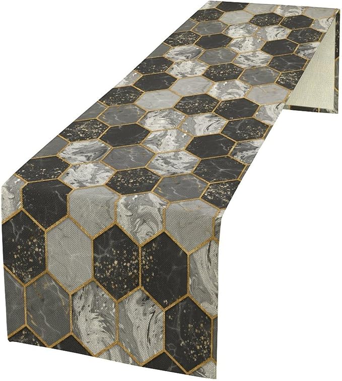 Marble Table Runner, Grey Black and Gold Abstract Geometry Hexagon Modern Luxury Texture Printed Linen Table Runners for Home Farmhouse Kitchen Dining Room Party Holiday Decor 13" W x 120" L