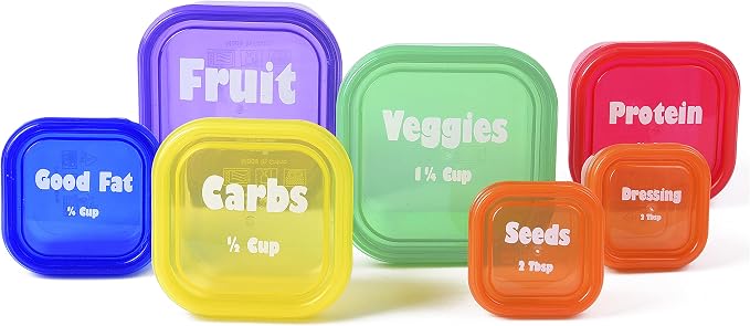 Efficient Nutrition Portion Control Containers DELUXE Kit (14-Piece) with COMPLETE GUIDE + 21 DAY PLANNER + RECIPE eBOOK BPA FREE Color Coded Meal Prep System for Diet and Weight Loss